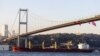 A cargo vessel carrying Ukrainian grain transits the Bosphorus, in Istanbul, Turkey, last month. 