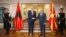 Albanian Prime Minister Edi Rama (left) and his counterpart from North Macedonia, Dimitar Kovachevski, shake hands in Skopje on November 14.