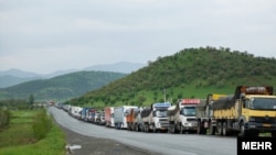 Armenia - Iranian trucks are parked on a roadside in Syunik, October 7, 2021.