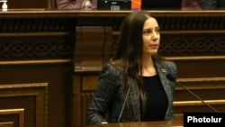 Armenia - Anna Grigorian, a Syunik-based deputy from the opposition Hayastan bloc, speaks at a session of the National Assembly, Yerevan, October 5, 2021.