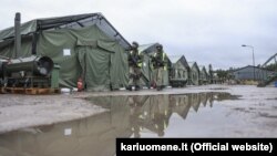 Lithuanian troops patrol at a base in Druskininkai near the border with Belarus. 