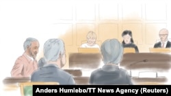 طرحی از نخستین جلسه دفاعیات حمید نوری (سمت چپ) در دادگاه که خبرگزاری رویترز منتشر کرده است.