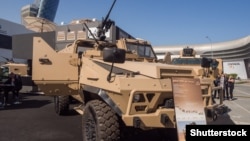 UAE - A French ACMAT Bastion armoured personnel carrier at a defense exhibition in Abu Dhabi, February 25, 2015: