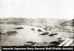 Wrecked Russian ships after the Japanese capture of Port Arthur