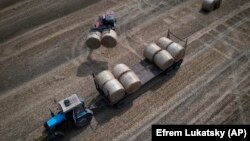 A tractor collects straw on a field at a farm in Zhurivka, Kyiv region, Ukraine, on August 10.