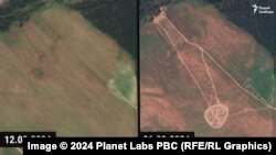 Спадарожнікавы здымак са сьлядамі цяжкай тэхнікі, якая пэрыядычна апісвае адзін і той жа маршрут па коле, на полі паміж вёскамі Азершчына і Ўнорыца Рэчыцкага раёну. Зьлева — 12 жніўня 2024 году, справа 24 жніўня 2024 году.