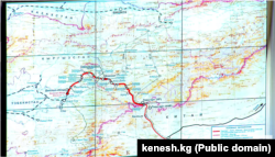 “Кытай - Кыргызстан - Өзбекстан” темир жолунун картасы. Жогорку Кеңештеги презентациядан алынган скриншот.