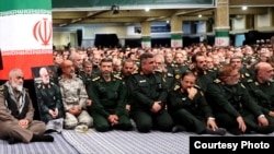 A group of IRGC commanders seen listening to a speech by Iran's Supreme Leader Ayatollah Ali Khamenei in Tehran, August 2023