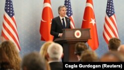 U.S. Secretary of State Antony Blinken speaks during a news conference in Ankara on February 20.