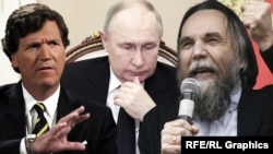 Такер Карлсон, Володимир Путін і Олександр Дугін (колаж)