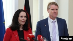 Germany - Elisabeth Winkelmeier-Becker (left), a senior German parliamentarian, talks to journalists in Yerevan, February 27, 2024.