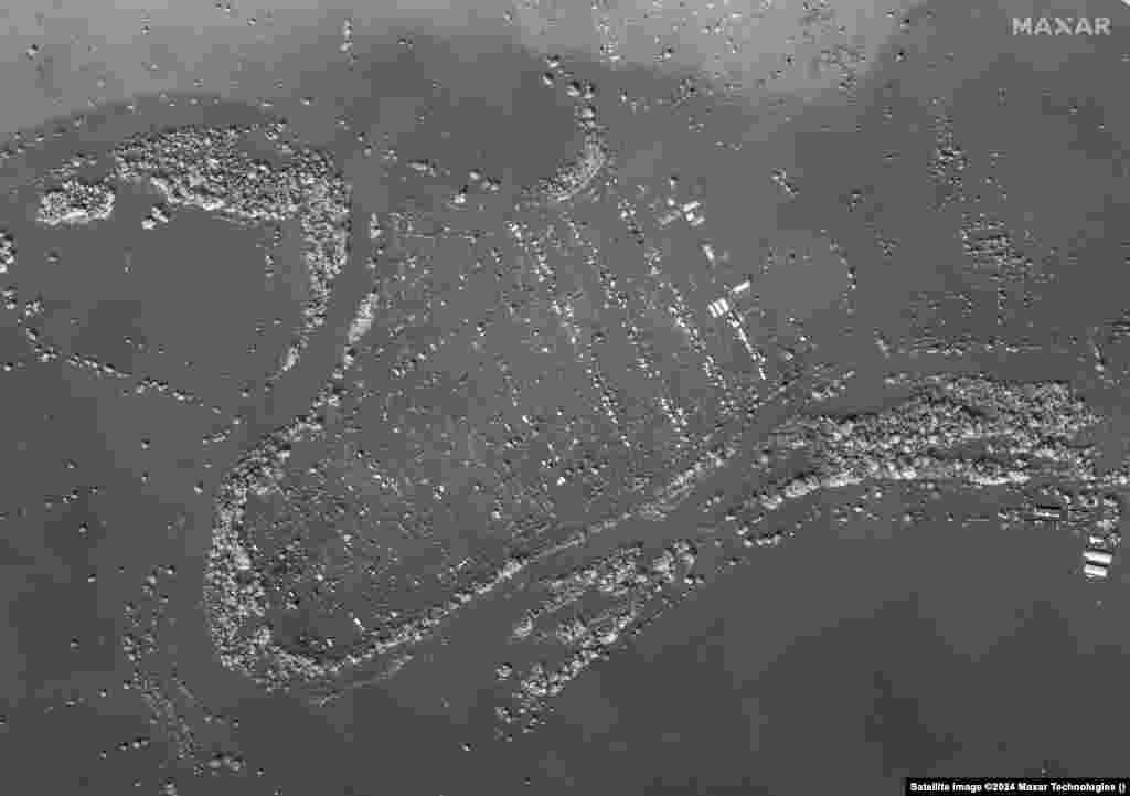 Before-and-after views of flooded homes and buildings along the Ural River Regional authorities estimate the damage at around $223 million.