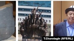 Солдо айтылуу “Розетта ташы”. Ортодо – кыргыз ханы Манастын жана чоролорунун айкели. Ак-Чий шаары (КЭР). Оңдо – фу-ңйү кыргыздарынын өкүлү Ву Жаңжу мырза. Коллажды жасаган Т.Чоротегин. 16.8.2023.