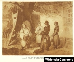 Тарас Шевченко. «Зустріч Тараса Бульби з синами». Ілюстрація 1842 року до повісті Миколи Гоголя, на основі якої створив і однойменну оперу композитор Микола Лисенко