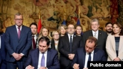 France - French Defense Minsiter Sebastien Lecornu and his Armenian counterpart Suren Papikian sign a memorandum of understanding in Paris, October 23, 2023.