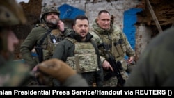 Ukrainian President Volodymyr Zelenskiy visits the front line in the Zaporizhzhya region on February 4.