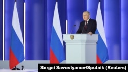 Russian President Vladimir Putin gives his annual address to the national legislature on February 21. 