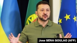 Президент України Володимир Зеленський на пресконференції з прем’єр-міністром Португалії. Лісабон, 28 травня 2024 року 