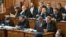 Defense lawyers attend a trial of one of the largest recent corruption cases in Hungary in Budapest on February 17.