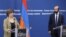 Armenian Foreign Minister Ararat Mirzoyan (right) and his French counterpart, Catherine Colonna, in Yerevan on October 3
