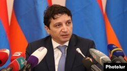 Armenia - Finance Minister Vahe Hovhannisian speaks at a press conference in Yerevan, January 31, 2024.