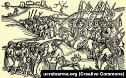 Татари женуть ясир, зображення з угорської хроніки XV століття