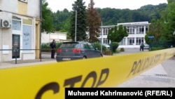 The courtyard of the elementary school where the shooting took place in the Bosnian town of Lukavac on June 14