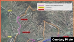 A map showing the section of the Armenian-Azerbaijani border between the Tavush province of Armenia and the Qazax district of Azerbaijan