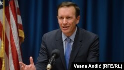 U.S. Senator Chris Murphy speaks at a press conference in Belgrade on May 25.