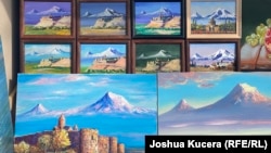 Armenia -- Paintings depicting Mount Ararat on sale at the Vernissage market in central Yerevan.