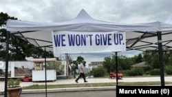 Nagorno-Karabakh -- A banner in Stepanakert in July 2023.