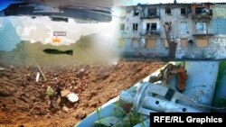 Колаж. Зруйнований будинок в Оріхові Запорізької області, вирва від керованої авіабомби, касетні снаряди і російський літак на тлі карти півдня України