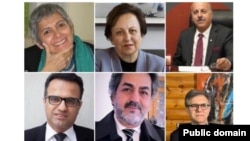 از بالا (چپ به راست): مهرانگیز کار، شیرین عبادی، قاسم شعله‌سعدی، سعید دهقان، محمد اولیایی‌‌فرد و حسین رئيسی، امضاکنندگان نامۀ اخیر به دبیرکل سازمان ملل