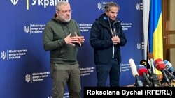 IAEA chief General Raphael Rossi (right) with Ukraine's Energy Minister Herman Halushchenko in Kyiv on February 6.