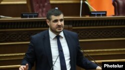 Armenia - Arman Yeghoyan, head of parliament committee on European integration, speaks at a parliamentary hearing, Yerevan, June 21, 2024.