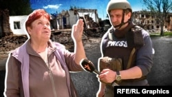 Колаж. Жителька Гуляйполя Августина і журналіст Крим.Реалії Дмитро Євчин на тлі зруйнованого міста