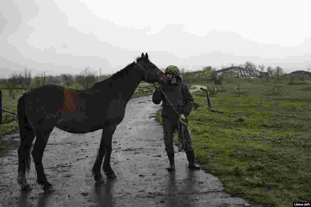 Український військовий заспокоює коня, якого відвезуть у безпечніше місце, Авдіївка, 25 квітня 2023 року. 27 квітня Генштаб України повідомив, що на ділянці фронту Бахмут-Авдіївка-Мар&#39;їнка тривають запеклі бої, найскладніша ситуація &ndash; у Бахмуті та Мар&rsquo;їнці