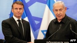 Ֆրանսիայի նախագահ Էմանյուել Մակրոն և Իսրայելի վարչապետ Բենյամին Նեթանյահու, Երուսաղեմ, 24-ը հոկտեմբերի, 2023թ.