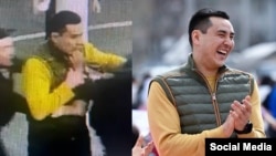 На фото справа ‒ Жаныбек Абиров на открытии детской площадки в микрорайоне «Джал». Слева ‒ скриншот с записи камер видеонаблюдения, которые зафиксировали драку.