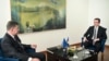 Kosovar Prime Minister Albin Kurti (right) meets with with EU envoy Miroslav Lajcak in Pristina on July 4.
