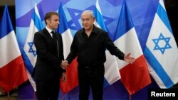 Իսրայելի վարչապետ Բենյամին Նեթանյահուն Երուսաղեմում ընդունում է Ֆրանսիայի նախագահ Էմանյուել Մակրոնին, հոկտեմբեր, 2023թ.