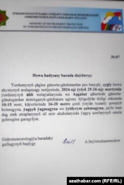 Türkmenistanyň Oba hojalyk we daşky gurşawy goramak ministrliginiň Gidrometeorologiýa baradaky gullugy tarapyndan döwlet edaralaryna ugradylan howa duýduryşy.