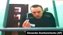 Russian opposition leader Aleksei Navalny appears via video link during a hearing at the Russian Supreme Court in Moscow on June 22.d