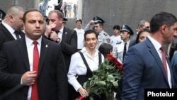 Armenia - Anna Hakobian, the wife of Prime Minister Nikol Pashinian, hears hostile chants as she visits the Armenian Genocide Memorial in Yerevan, April 24, 2024.