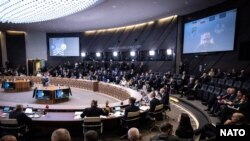 Засідання Ради Україна – НАТО на рівні міністрів оборони у штаб-квартирі альянсу в Брюсселі 15 лютого 2024 року. Український міністр оборони України Рустем Умєров долучився онлайн