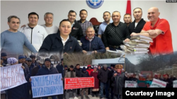 Коллаж «Азаттыка»: Фигуранты «Кемпир-Абадского дела» и митинги в их поддержку.