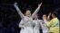 Olha Kharlan celebrates as Ukraine wins the women's team saber fencing event at the Paris Olympics on August 3. 