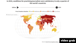 Լուսանկարում՝ մամուլի ազատության ցուցանիշը աշխարհում։ Կանաչ գույն՝ լավ, դեղին՝ բավարար, նարնջագույն՝ խնդրահարույց, մուգ նարնջագույն՝ դժվար, կարմիր՝ շատ լուրջ