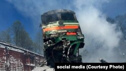 Russian Railways said an explosion overnight on May 2-3 led to the derailing of an engine and 20 cargo cars.
