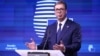 Serbian President Aleksandar Vucic gives a press conference after a meeting in Brussels in June.